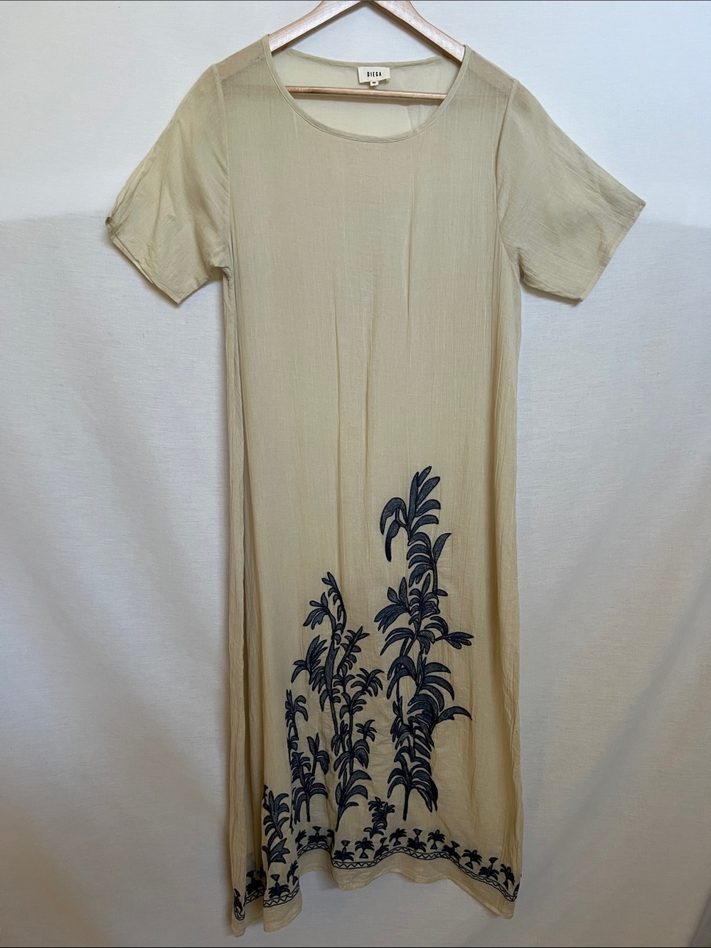 Diega 100% Cotton Beige Maxi Lightweight Dress with Navy Botanical Embroidery
